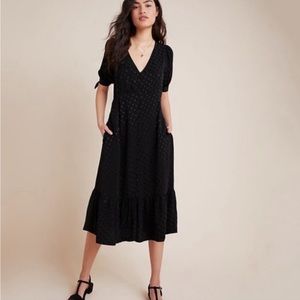 Maeve Black satin dress with black polka dots.